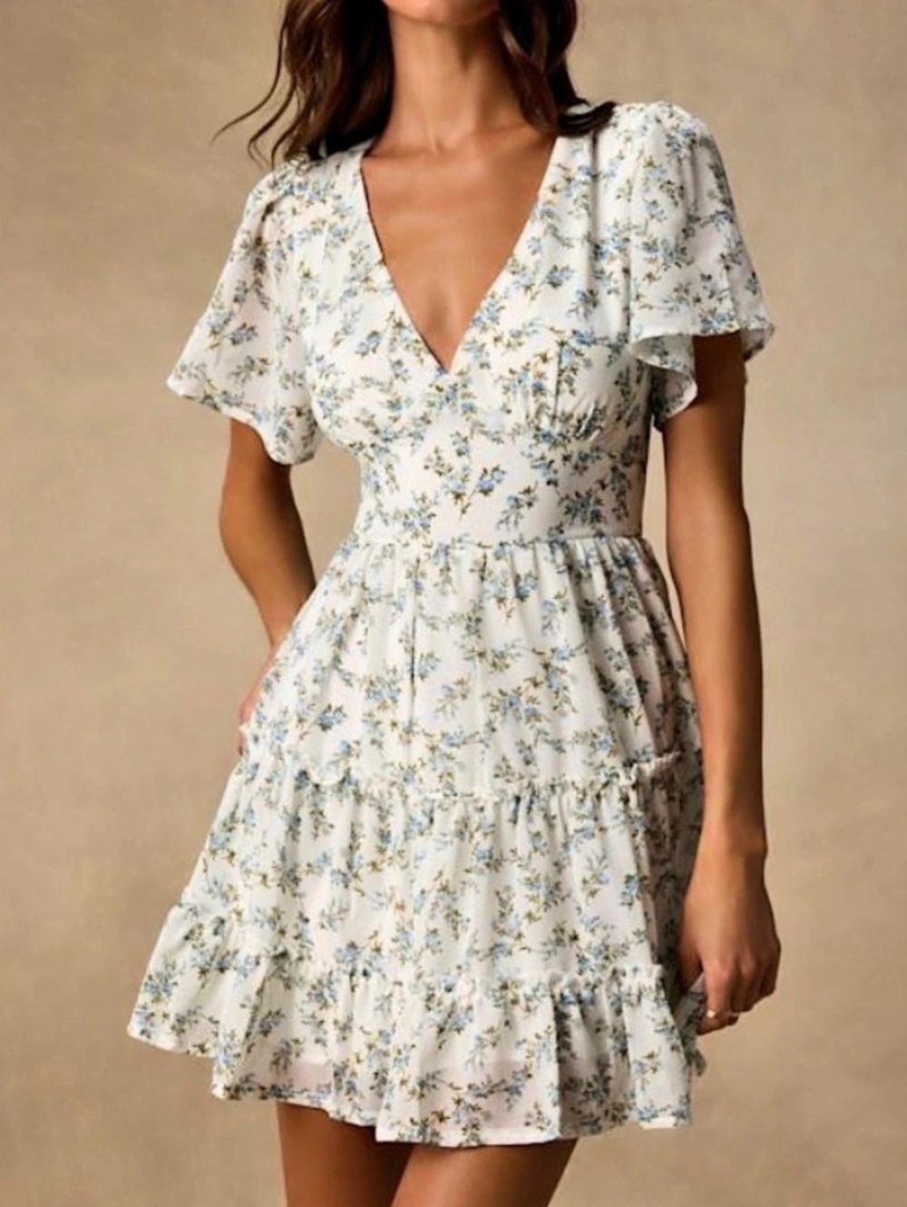 Lulus So True White Floral Print Tiered Short Sleeve Mini Dress(NWT, Never Worn)